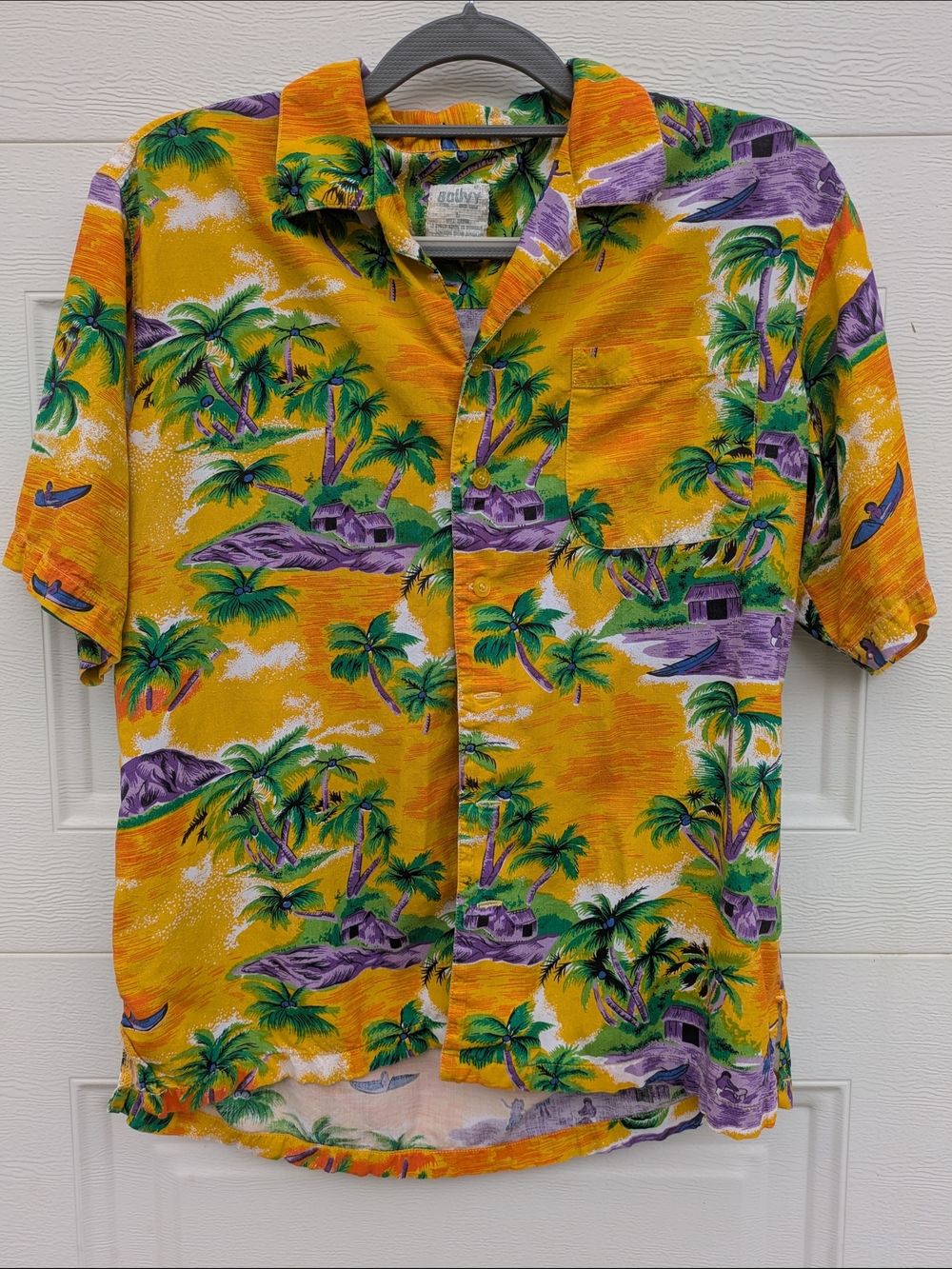 Bouvy Vintage Hawaiian Sunset Island Print Short-Sleeve -Yellow,Purple, Large